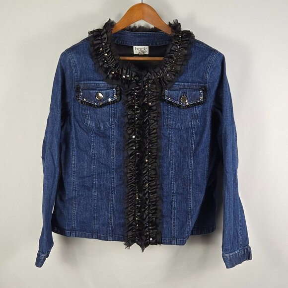 Berek Jean Jacket Women’s L Embellished Ruffle Trim Boho Glam Statement - Picture 1 of 14